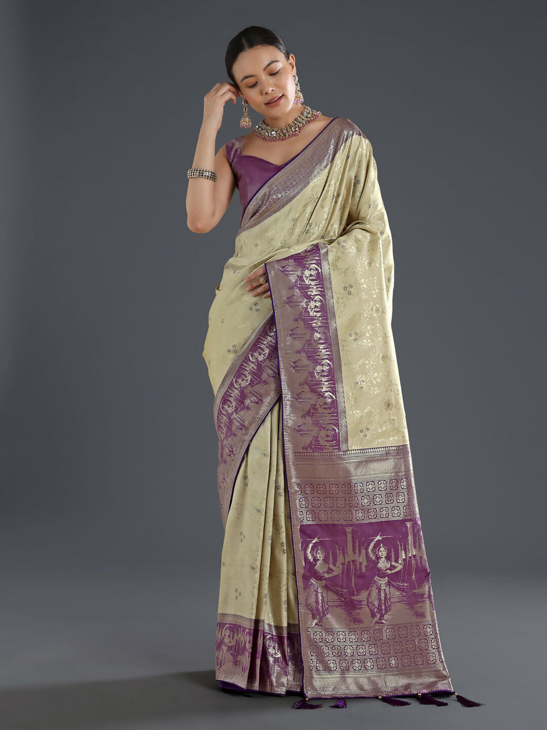 Cream Banarasi Semi Silk Saree With Zari Woven Design | SHOBITAM