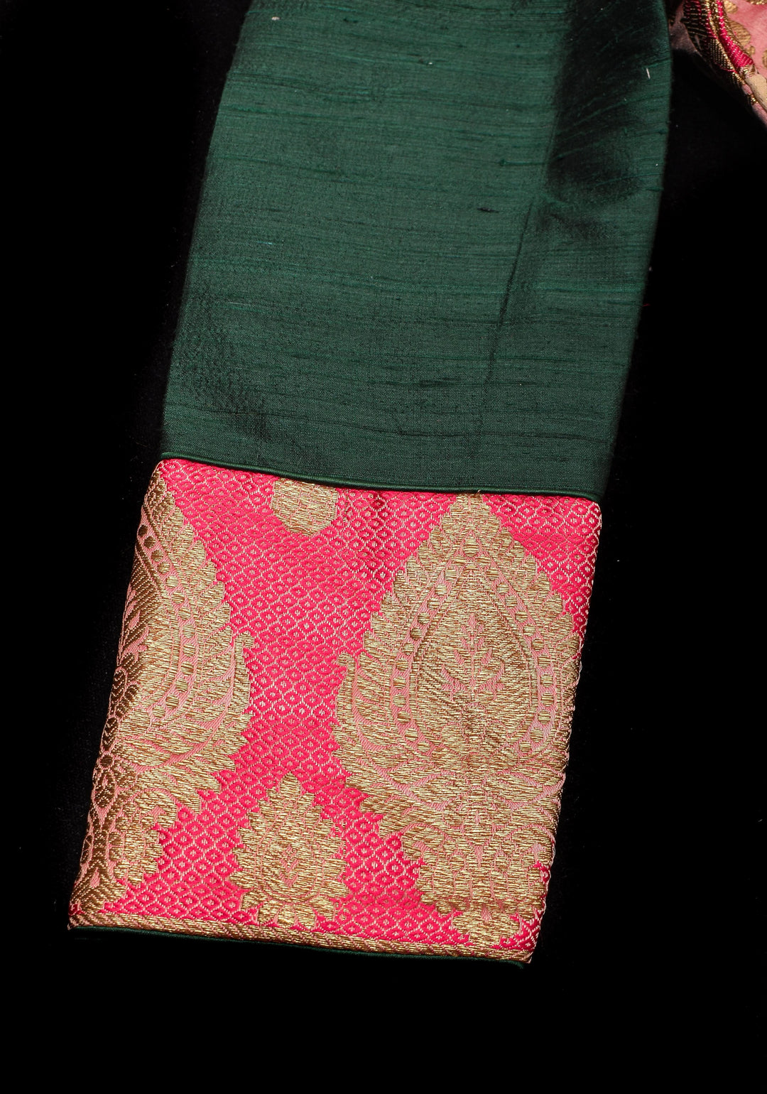 Banarasi brocade and Bottle Green pure Raw silk blouse with 3/4 sleeves