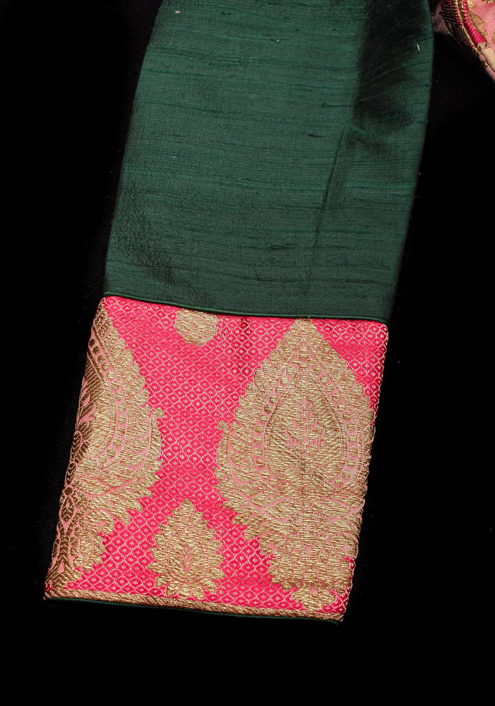 Banarasi brocade and Bottle Green pure Raw silk blouse with 3/4 sleeves