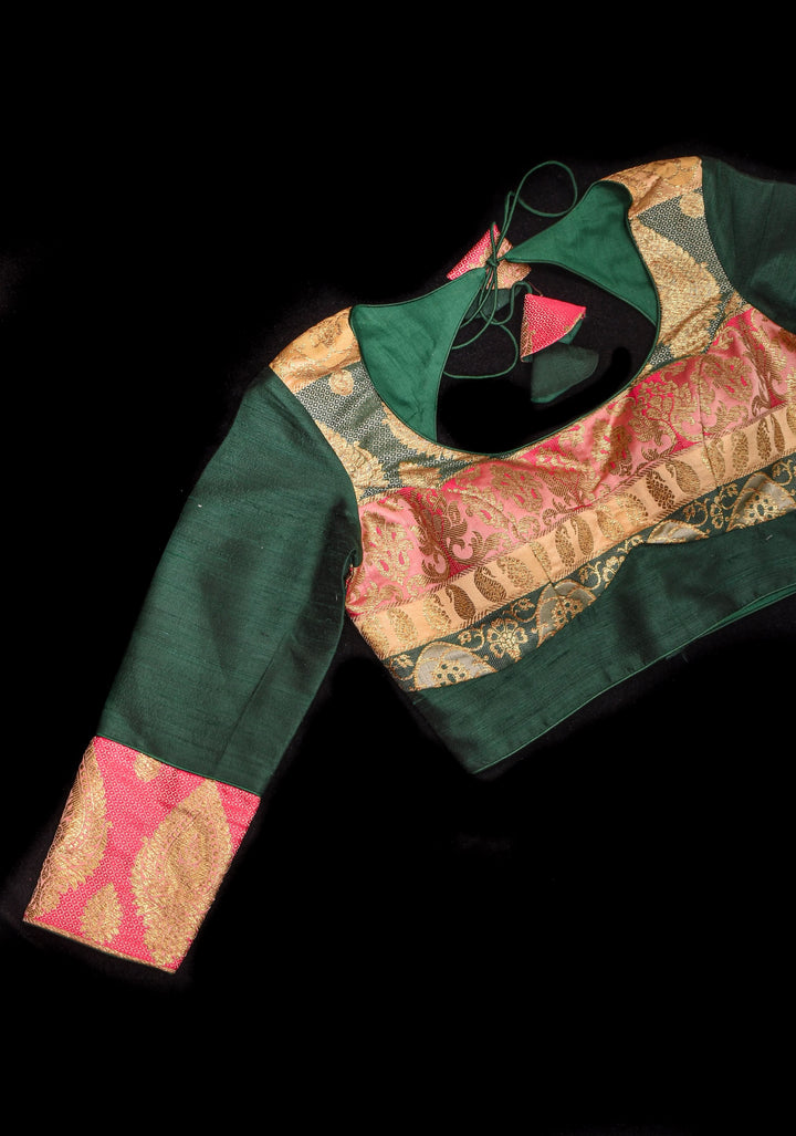 Banarasi brocade and Bottle Green pure Raw silk blouse with 3/4 sleeves