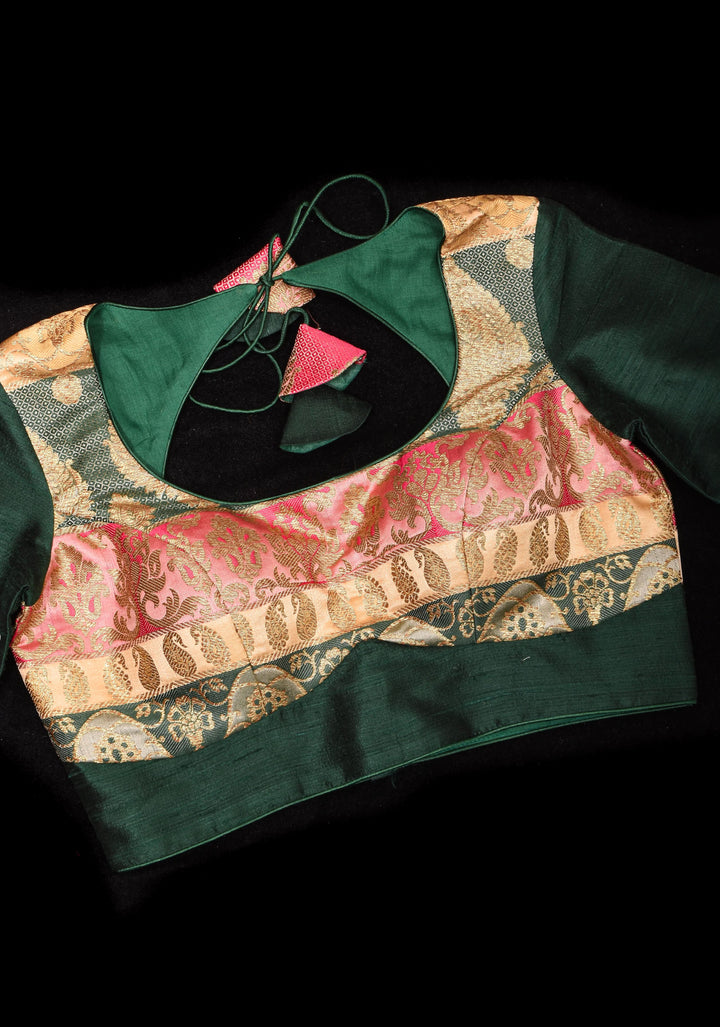 Banarasi brocade and Bottle Green pure Raw silk blouse with 3/4 sleeves