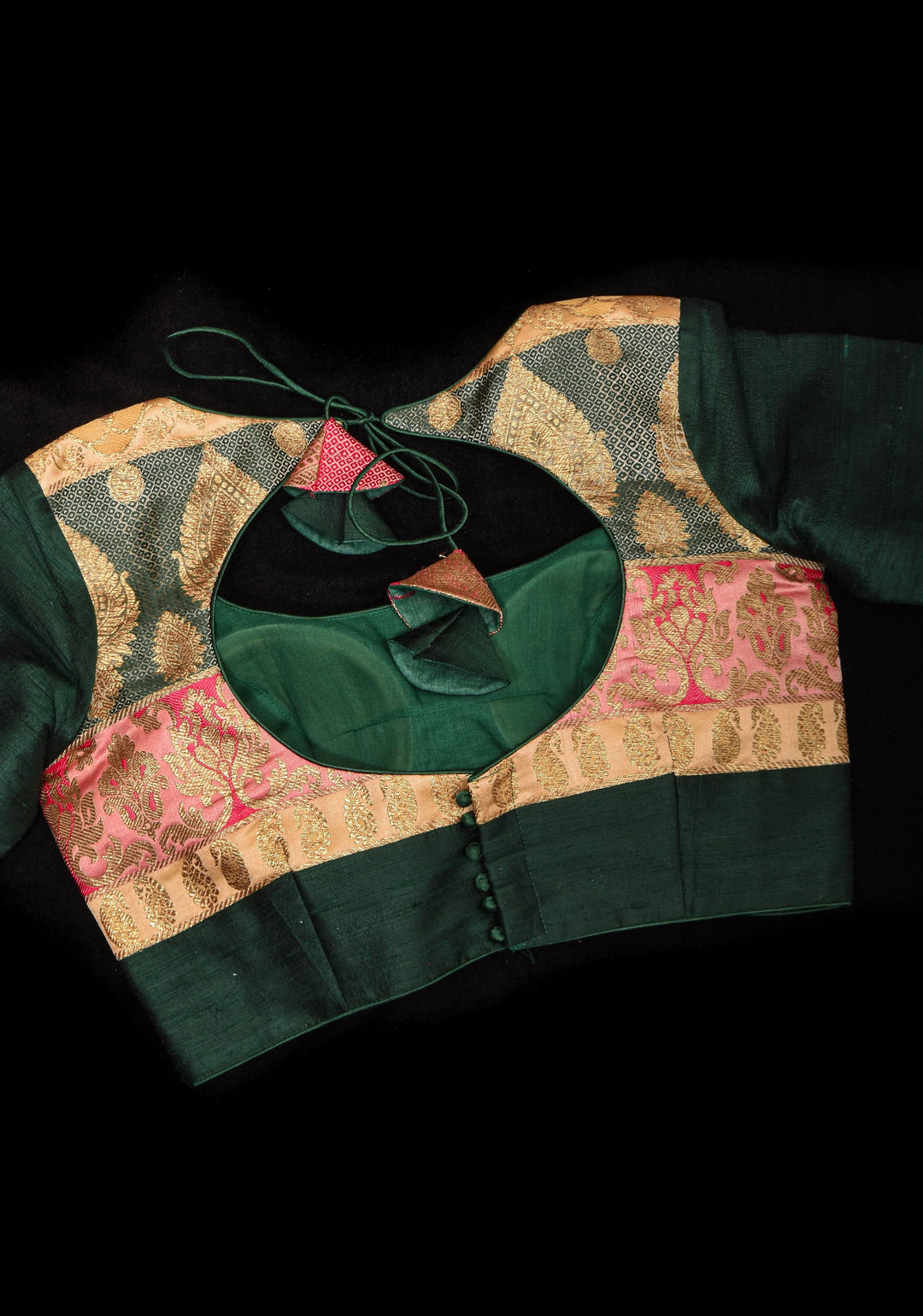 Banarasi brocade and Bottle Green pure Raw silk blouse with 3/4 sleeves