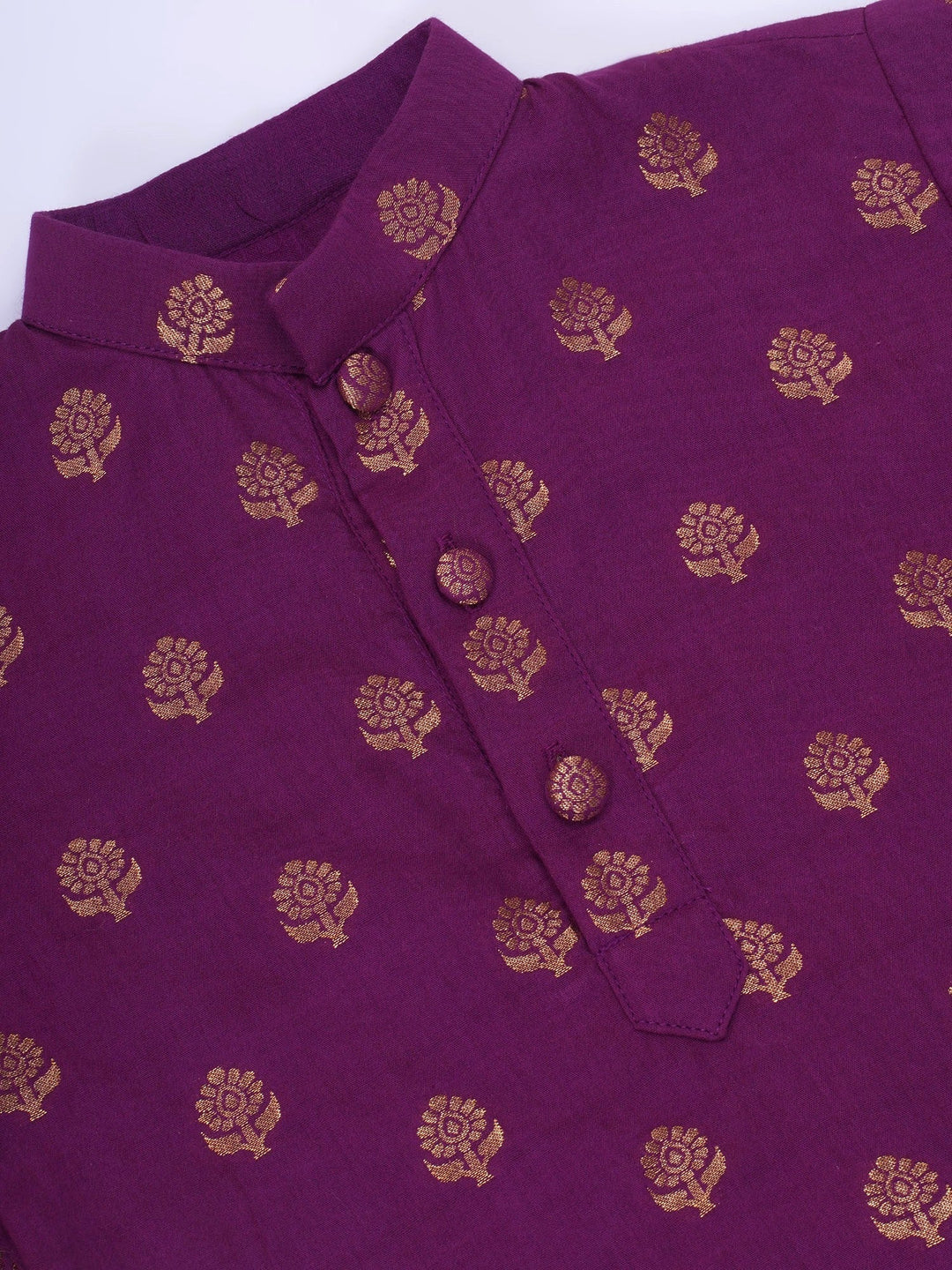 Boys Cotton Full Sleeves Kurta and Dhoti with Golden Floral Zari Work- Purple | SHOBITAM