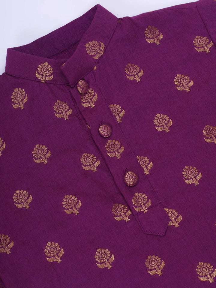 Boys Cotton Full Sleeves Kurta and Dhoti with Golden Floral Zari Work- Purple | SHOBITAM