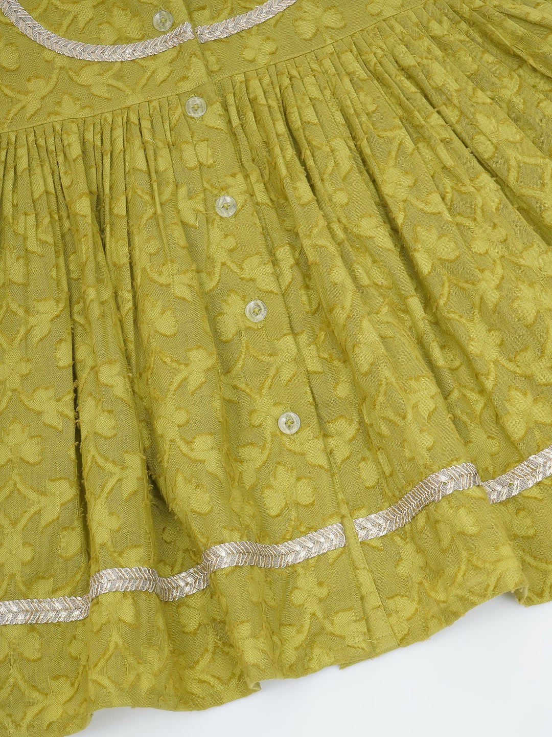 Girls Cotton Sleeveless Floral Self Weaving Kurta with Cherry Applique work and Salwar with Dupatta - Green