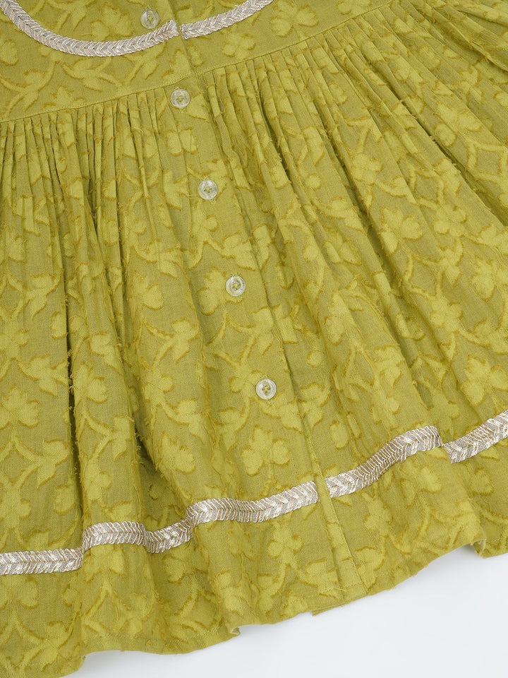Girls Cotton Sleeveless Floral Self Weaving Kurta with Cherry Applique work and Salwar with Dupatta - Green