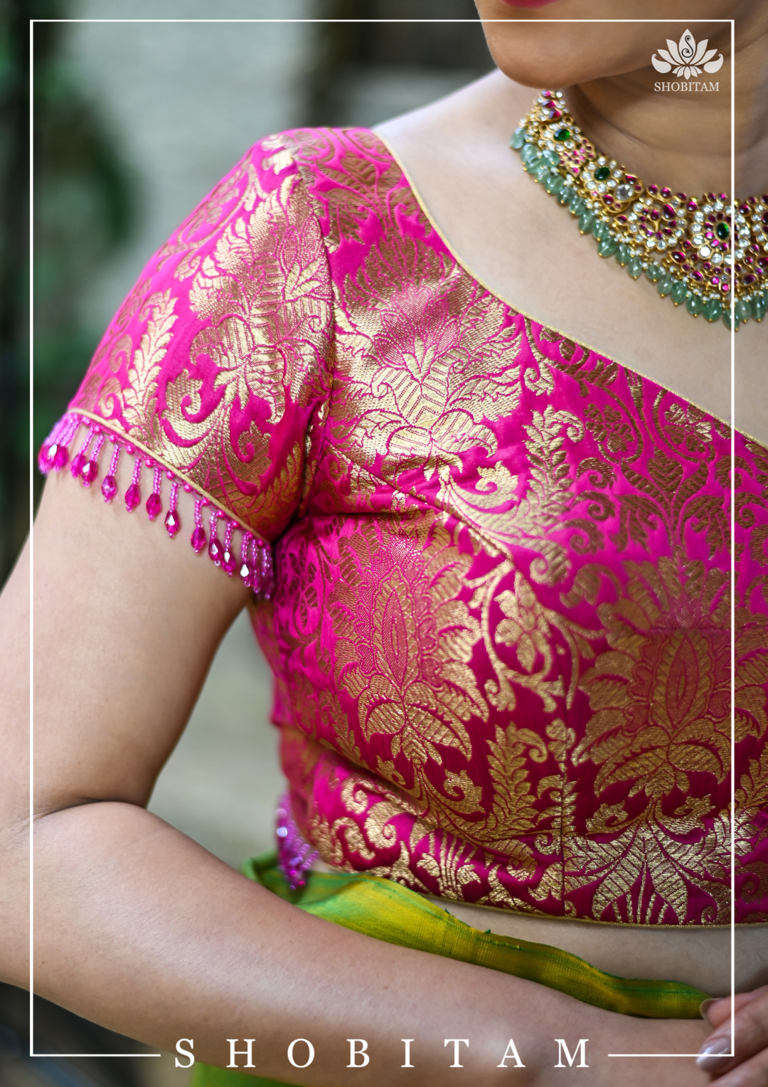 Rani Pink Banarasi Brocade Blouse with Back tie design and dangling beads