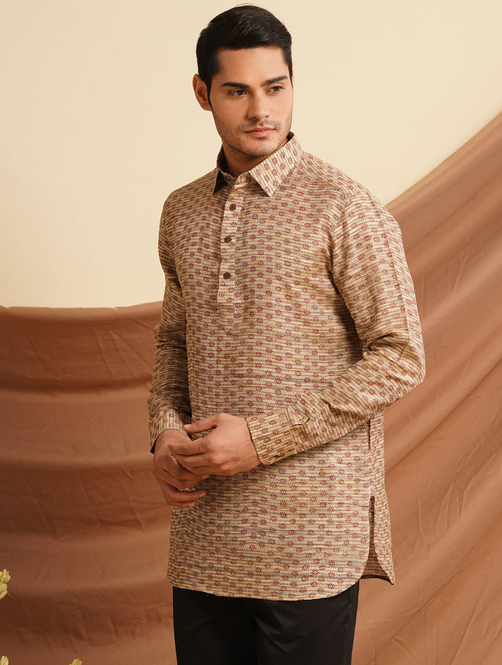 Tussar Silk Shirt in natural Color with Full Sleeve and subtle hand block prints