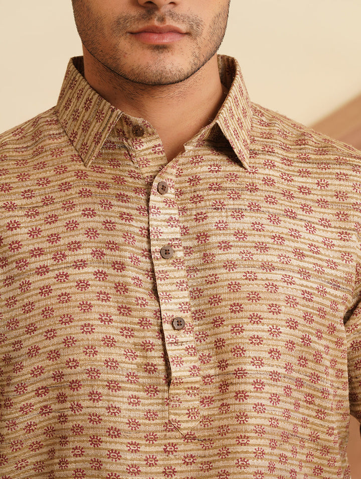 Tussar Silk Shirt in natural Color with Full Sleeve and subtle hand block prints