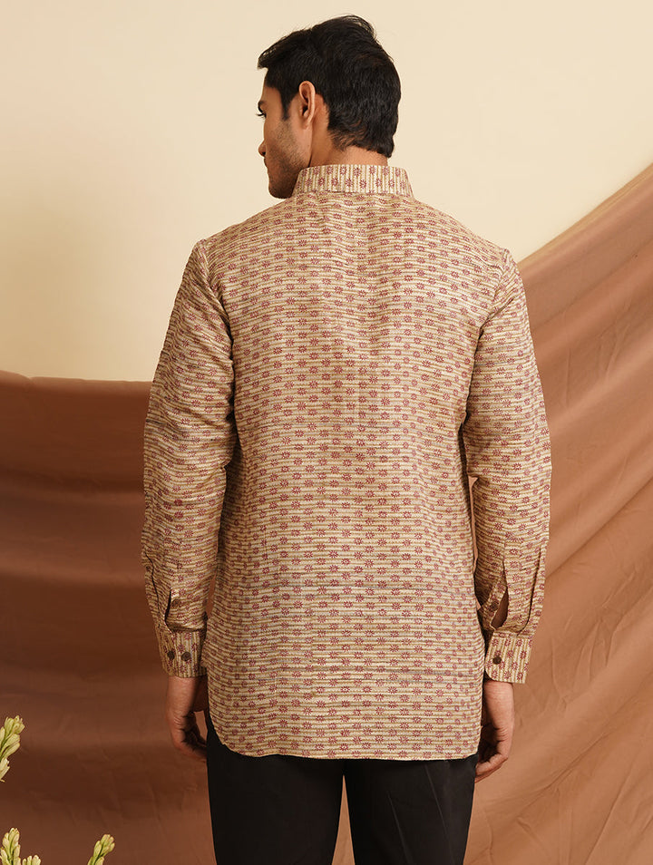 Tussar Silk Shirt in natural Color with Full Sleeve and subtle hand block prints