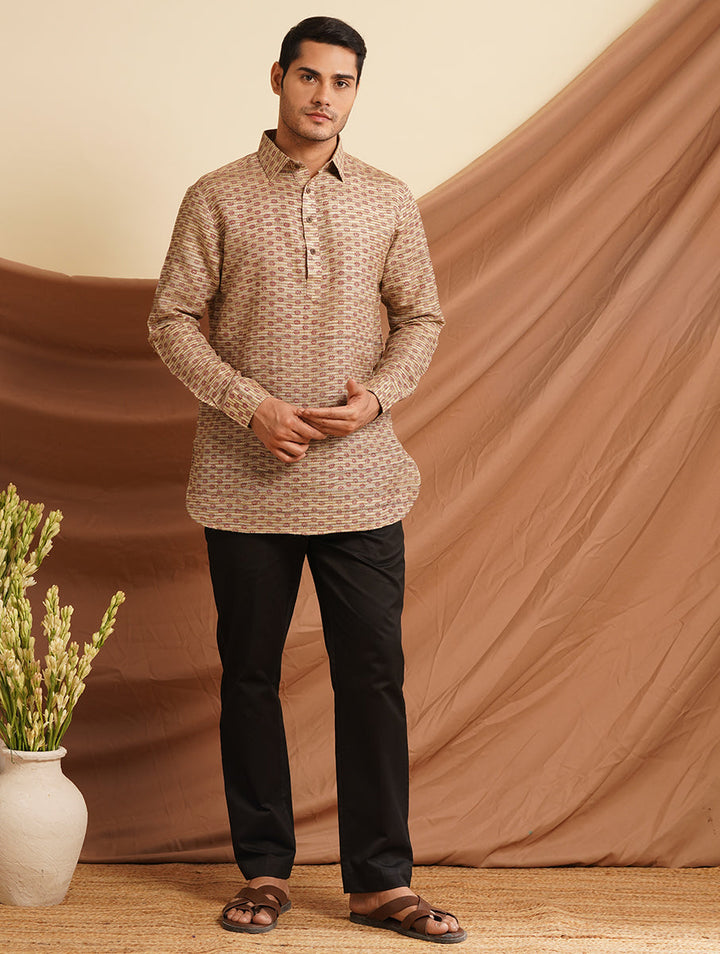Tussar Silk Shirt in natural Color with Full Sleeve and subtle hand block prints