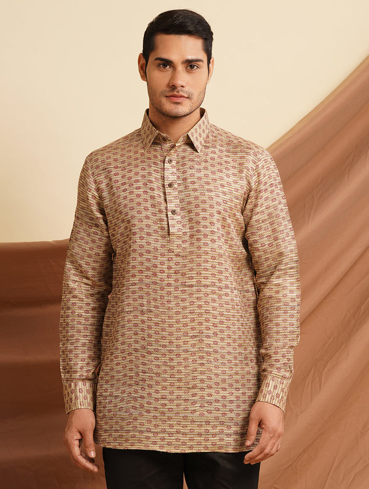 Tussar Silk Shirt in natural Color with Full Sleeve and subtle hand block prints