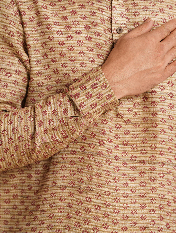 Tussar Silk Shirt in natural Color with Full Sleeve and subtle hand block prints