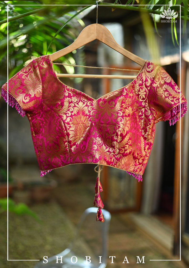 Rani Pink Banarasi Brocade Blouse with Back tie design and dangling beads