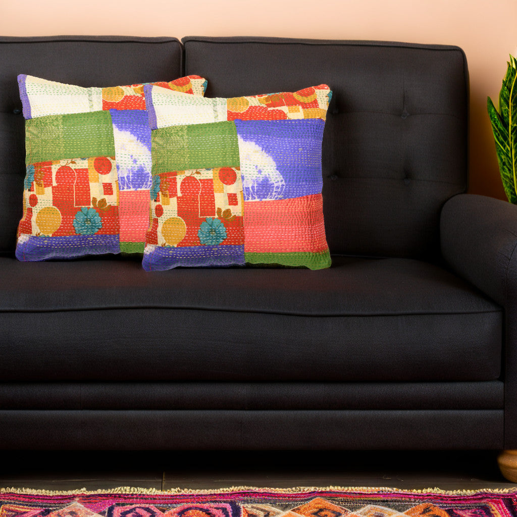 16 x 16 Multi Silk Patch Kantha Cushion cover - Pack of 1 | SHOBITAM