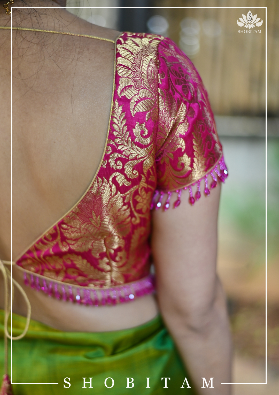 Rani Pink Banarasi Brocade Blouse with Back tie design and dangling beads