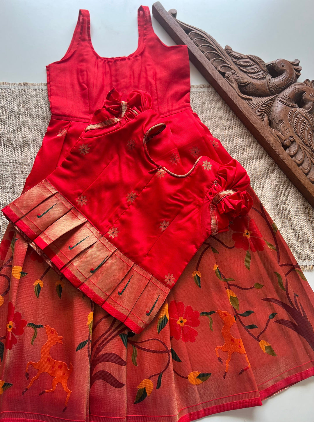 Paithani Skirt with bodice and peplum top Red - Festive Collection Express | SHOBITAM