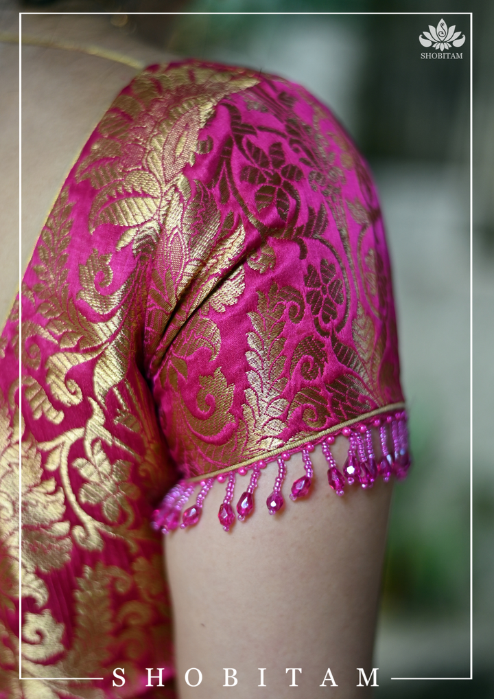 Rani Pink Banarasi Brocade Blouse with Back tie design and dangling beads