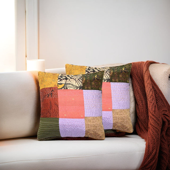 16 x 16 Multi Silk Patch Kantha Cushion cover - Pack of 1 | SHOBITAM