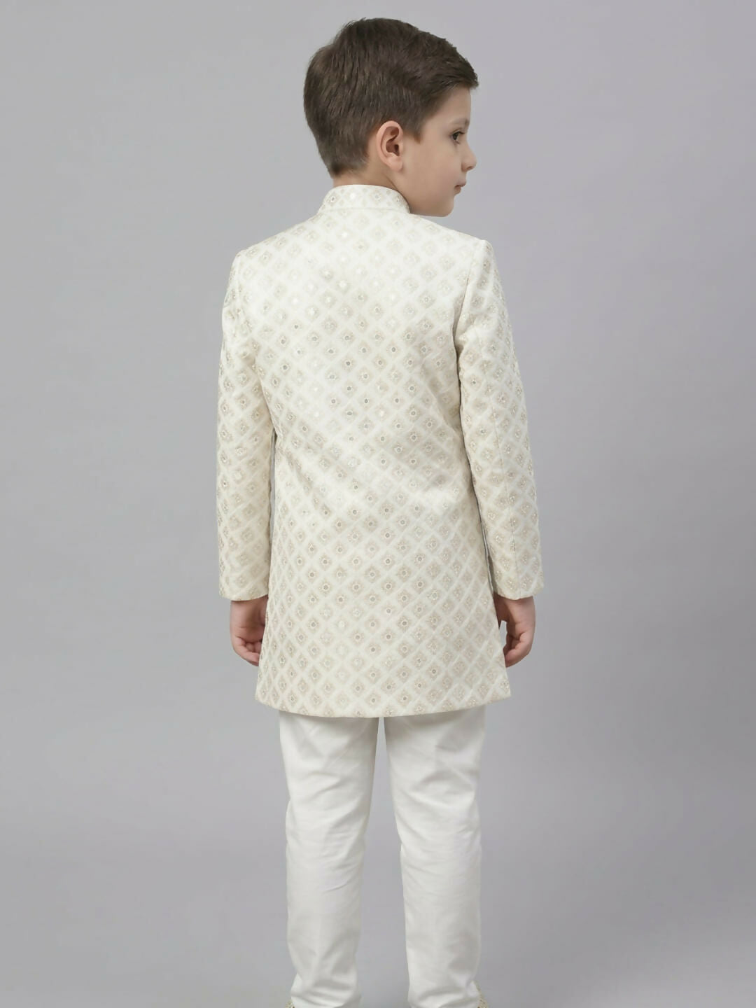 Boys Embroidered White Indo Western Sherwani Set with Jacket and Brooch | SHOBITAM