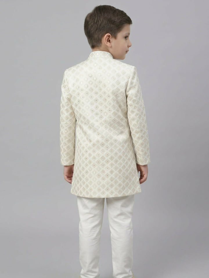 Boys Embroidered White Indo Western Sherwani Set with Jacket and Brooch | SHOBITAM