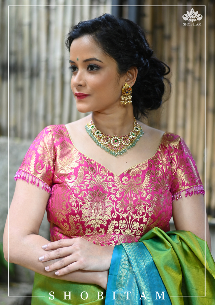 Rani Pink Banarasi Brocade Blouse with Back tie design and dangling beads