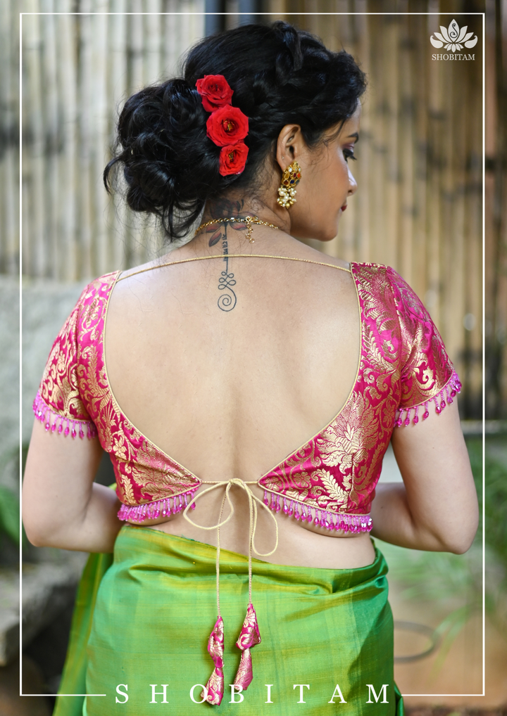 Rani Pink Banarasi Brocade Blouse with Back tie design and dangling beads