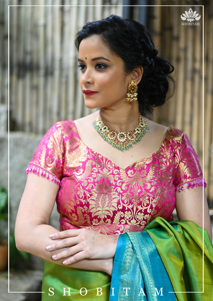 Rani Pink Banarasi Brocade Blouse with Back tie design and dangling beads