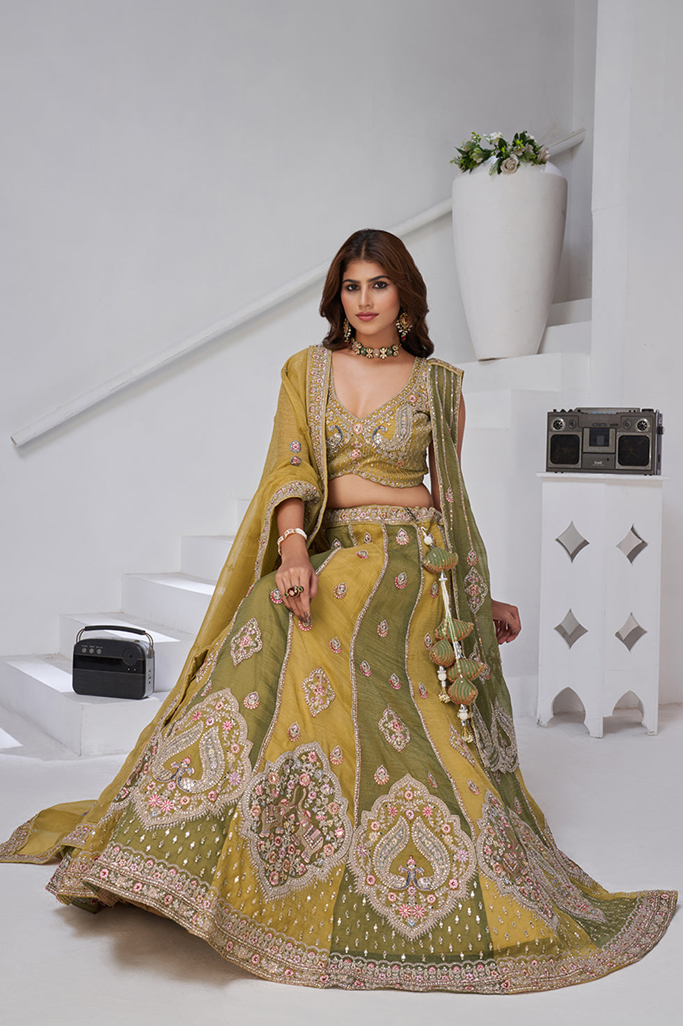 Kanira - Shades of haldi & Mehendi Lehenga Set | SHOBITAM