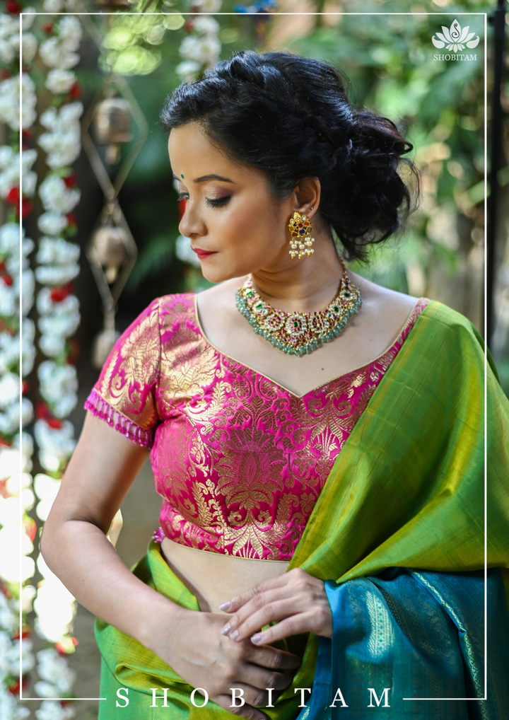 Rani Pink Banarasi Brocade Blouse with Back tie design and dangling beads