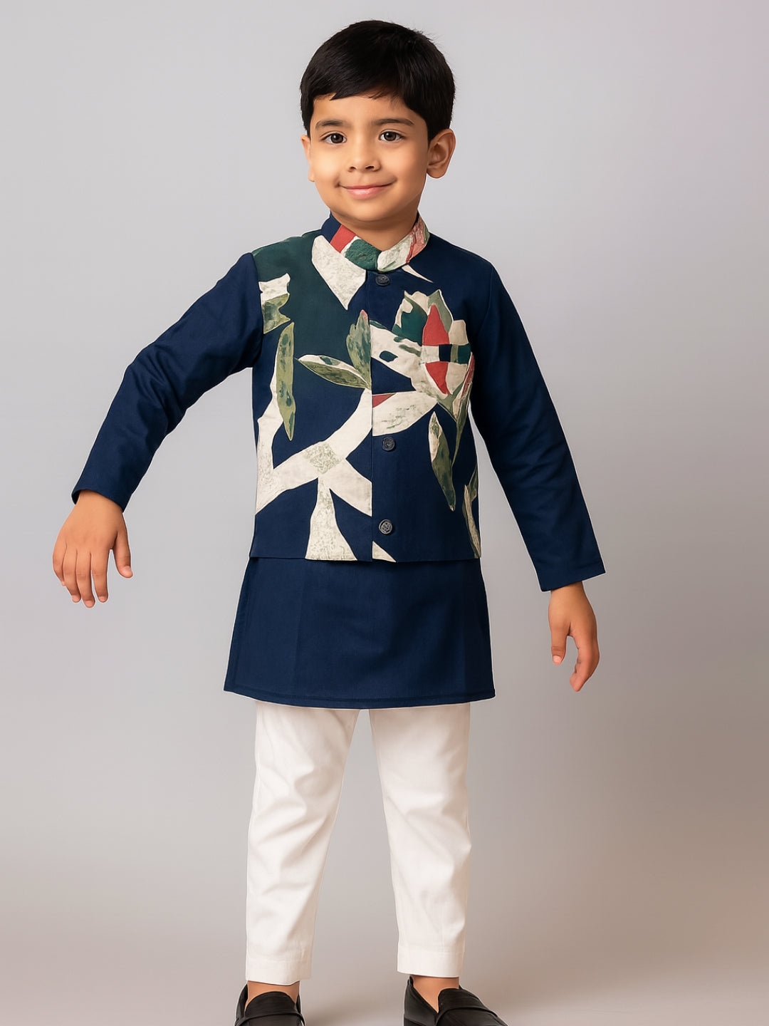 Boys Navy Blue Printed Kurta Pyjamas Jacket | SHOBITAM