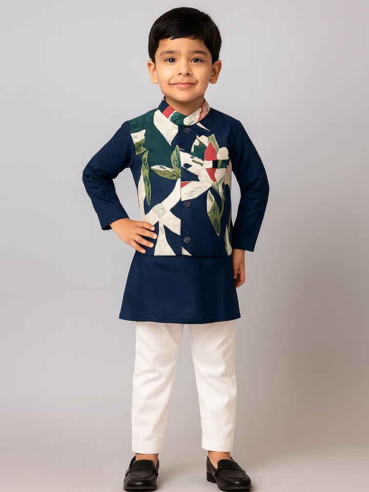 Boys Navy Blue Printed Kurta Pyjamas Jacket | SHOBITAM