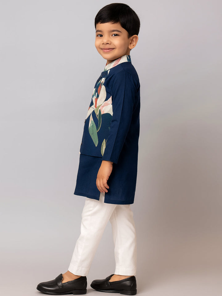 Boys Navy Blue Printed Kurta Pyjamas Jacket | SHOBITAM