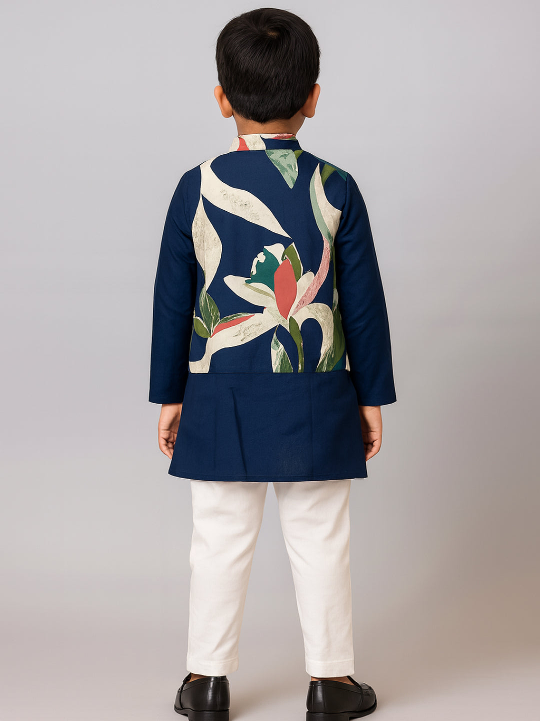 Boys Navy Blue Printed Kurta Pyjamas Jacket | SHOBITAM