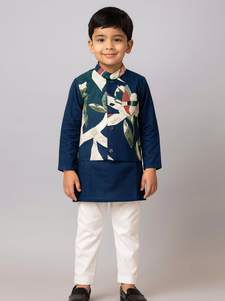 Boys Navy Blue Printed Kurta Pyjamas Jacket | SHOBITAM