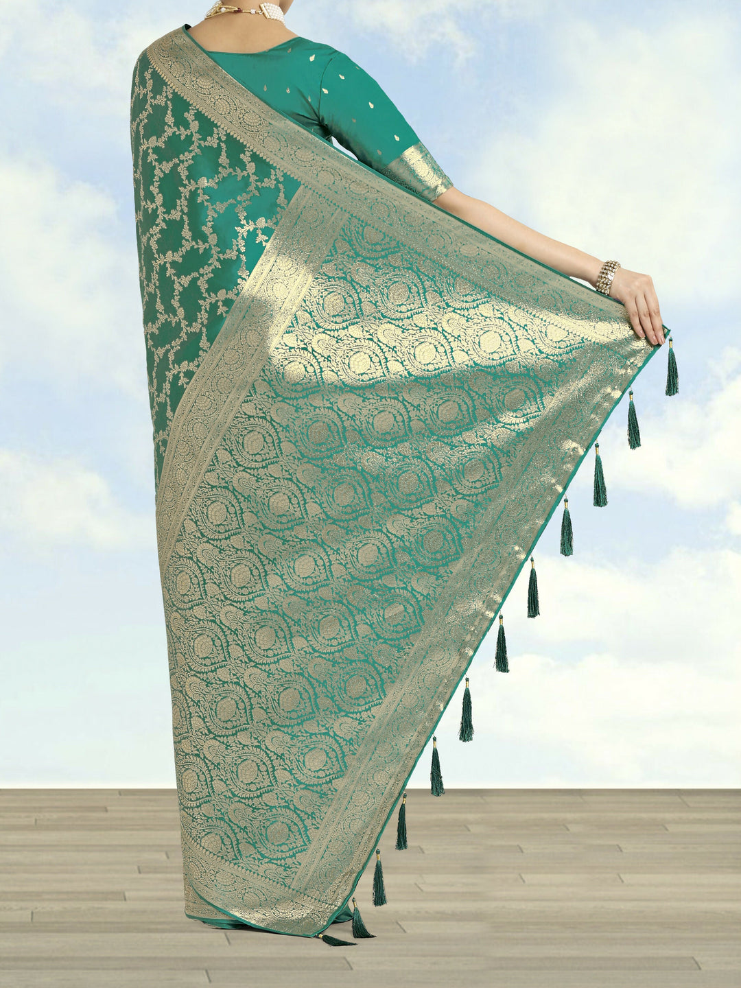 Turquoise Banarasi Satin Silk Golden Meenakari Work Saree |SHOBITAM