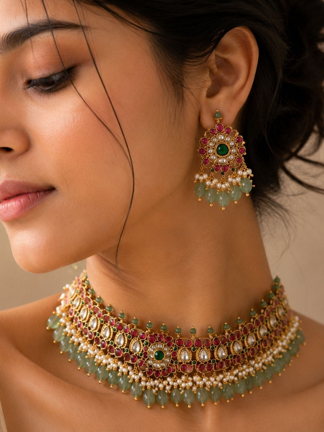 Kemp Stone Multicolour Choker Necklace Set |  SHOBITAM