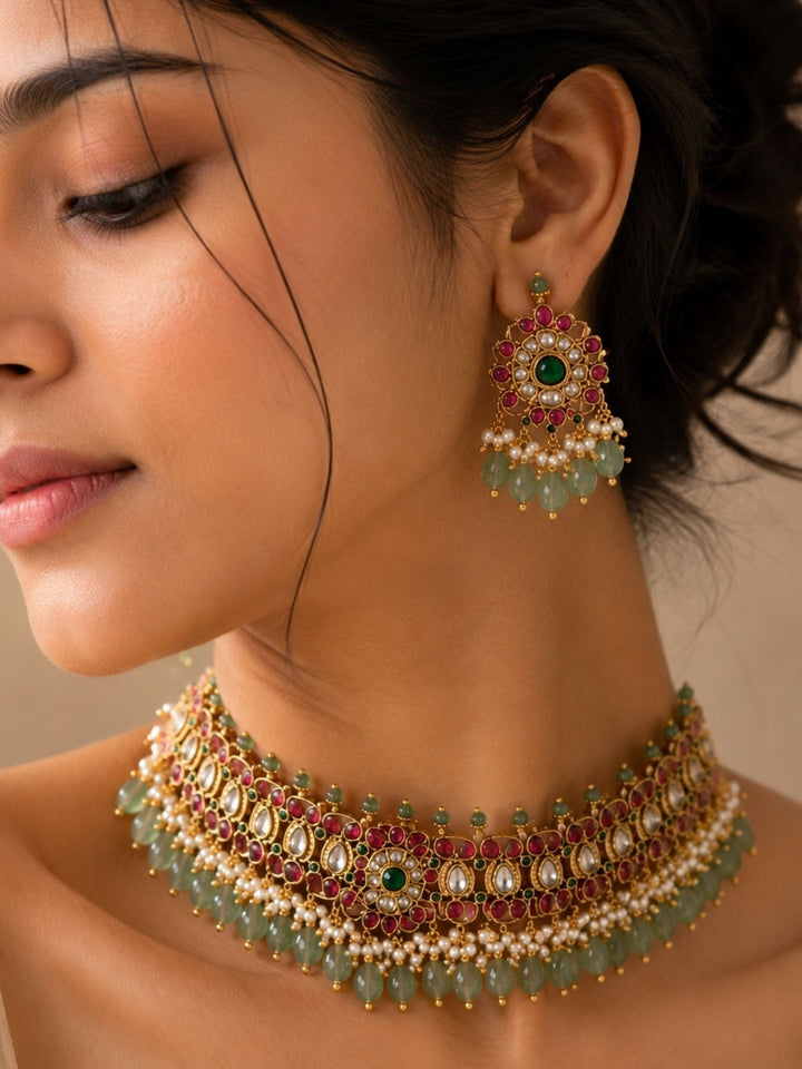Kemp Stone Multicolour Choker Necklace Set |  SHOBITAM