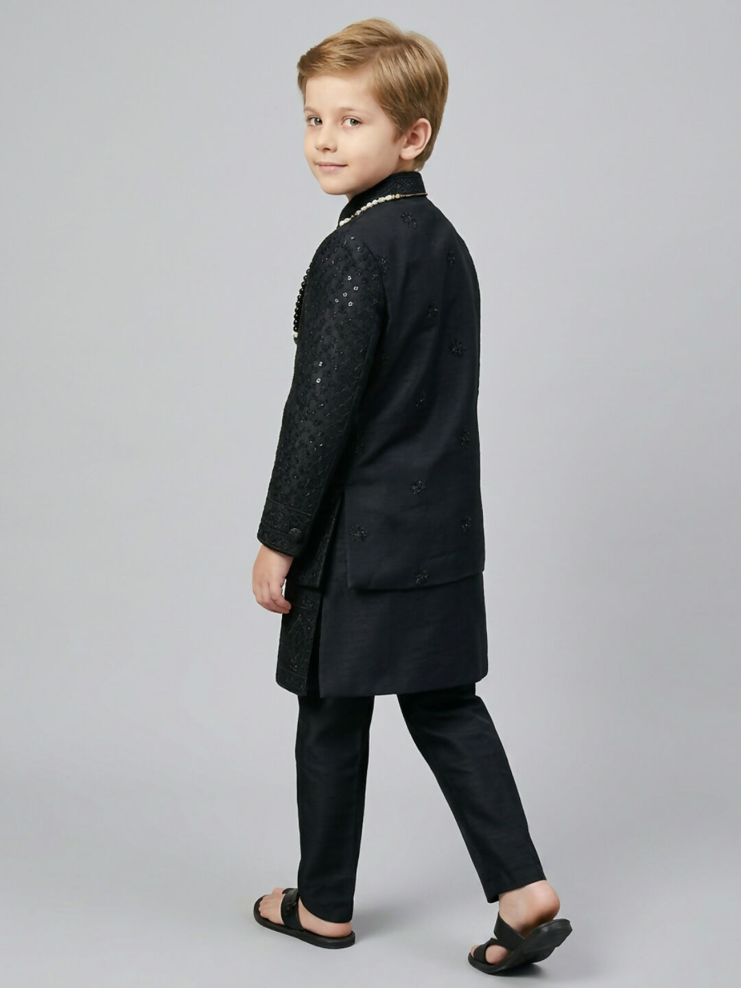 Boys Embroidered Black Sherwani Set with Jacket, Trousers | SHOBITAM