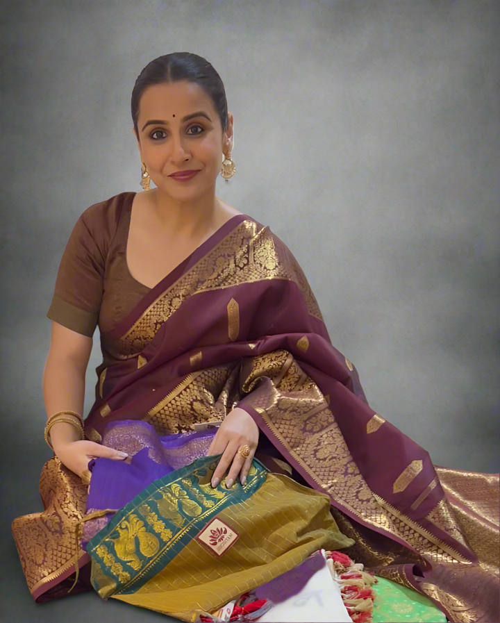 Pure handwoven Vidya Balan Gadwal Silk Saree with Grand Pallu and Ornate Arches Zari Border | SILK MARK CERTIFIED | SHOBITAM