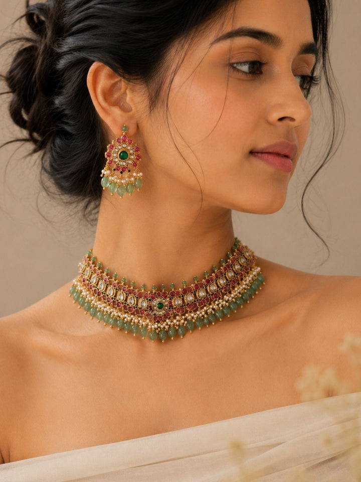 Kemp Stone Multicolour Choker Necklace Set |  SHOBITAM