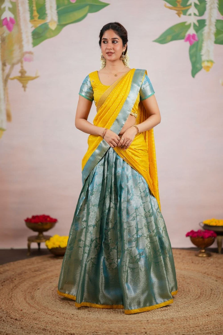 Nethra Aqua Blue Halfsaree (Set of 3) | SHOBITAM