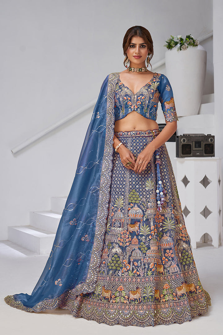 Ishanya Tissue Organza Teal Lehenga | SHOBITAM