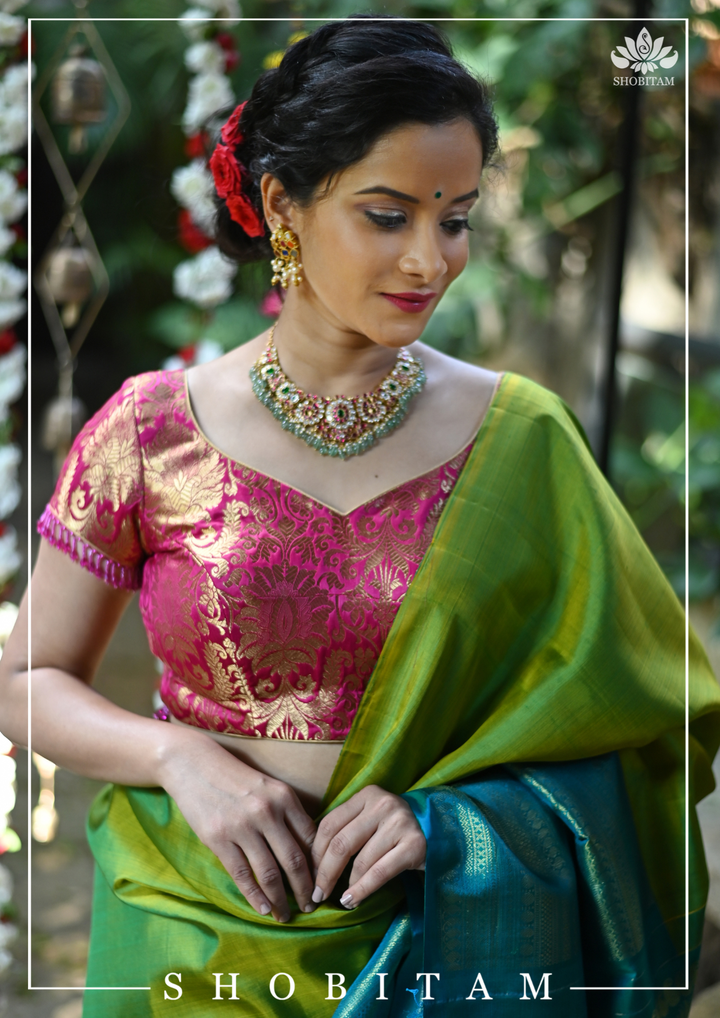 Rani Pink Banarasi Brocade Blouse with Back tie design and dangling beads