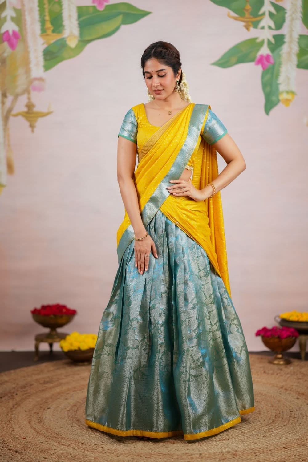 Nethra Aqua Blue Halfsaree (Set of 3) | SHOBITAM