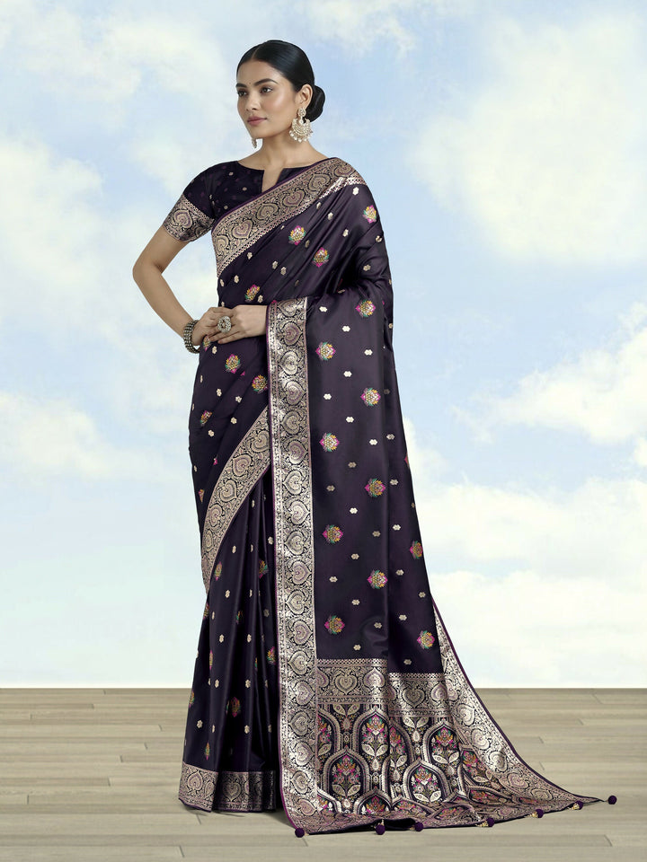 Purple Banarasi Zari Woven Satin Silk Saree | SHOBITAM