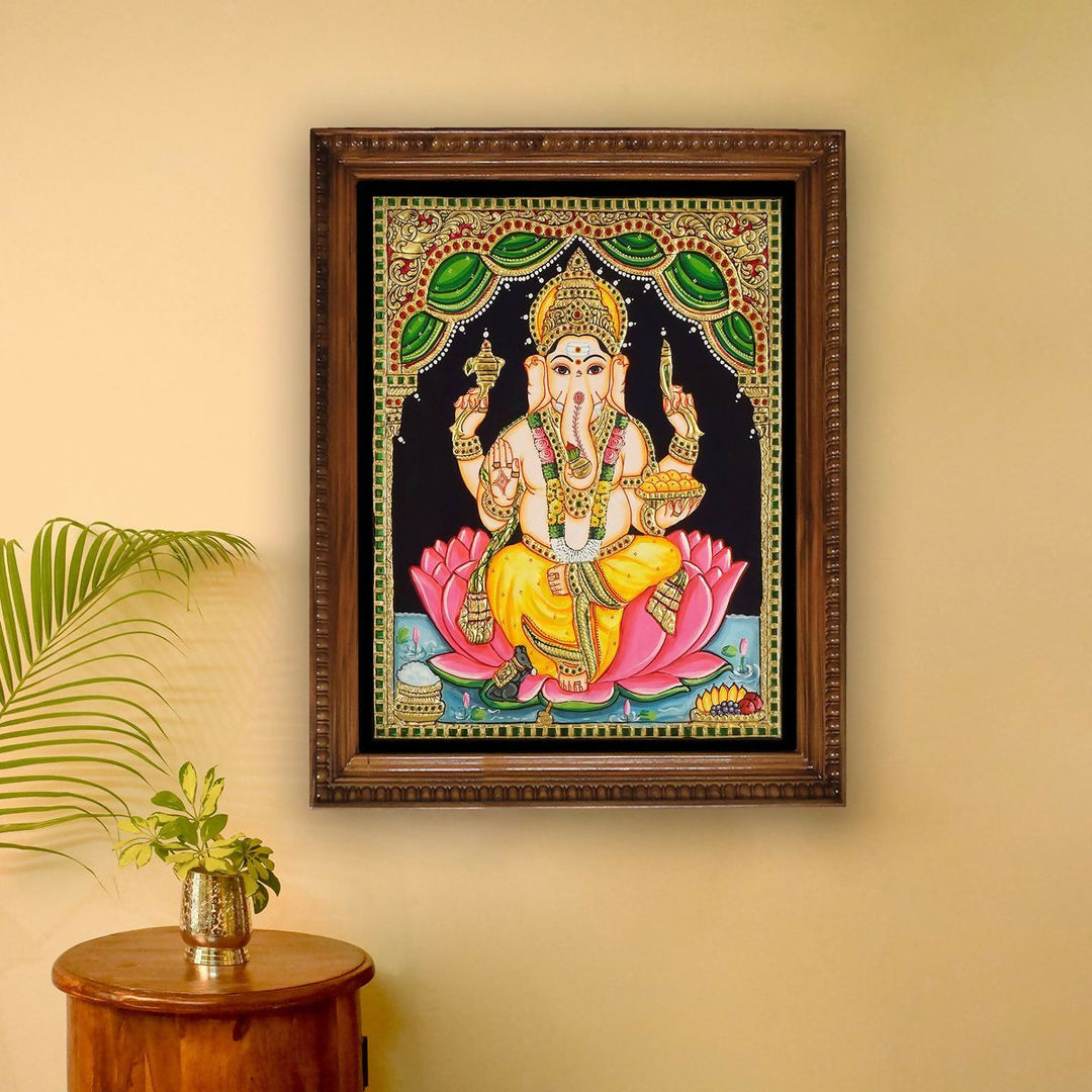 12*15 Authentic TANJORE PAINTING LOTUS GANESHA With 22 Ct gold Foil and Jaipur Gemstones,Unframed | SHOBITAM
