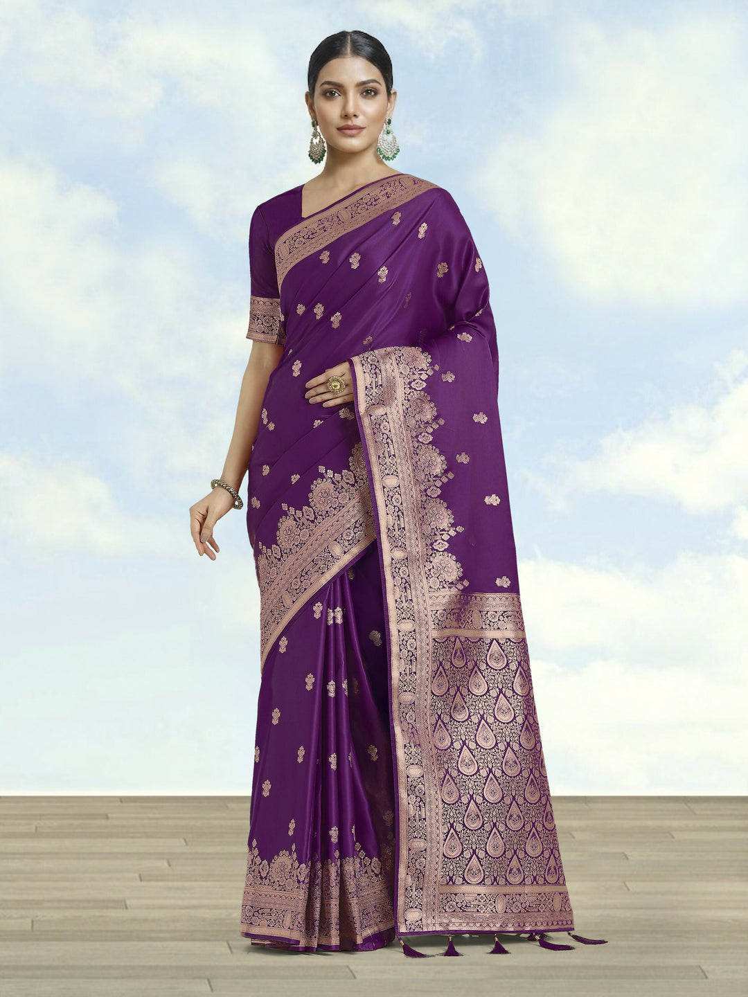 Purple With Gold Bordar Banarasi Satin Saree | SHOBITAM