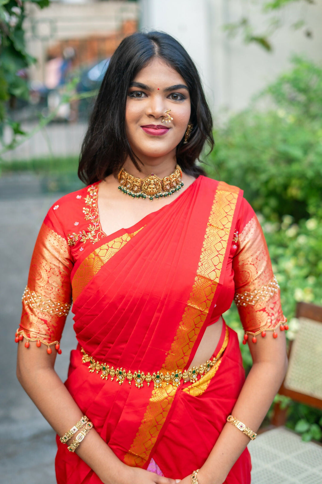 Rose Pink Brocade Skirt With Red Blouse | SHOBITAM