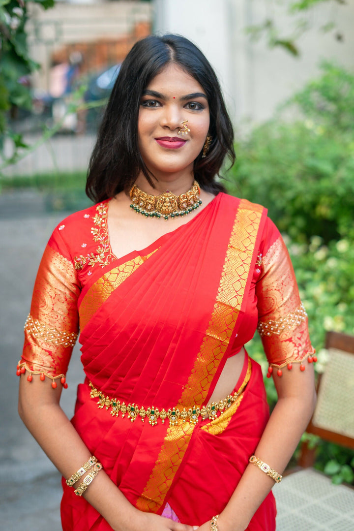 Rose Pink Brocade Skirt With Red Blouse | SHOBITAM